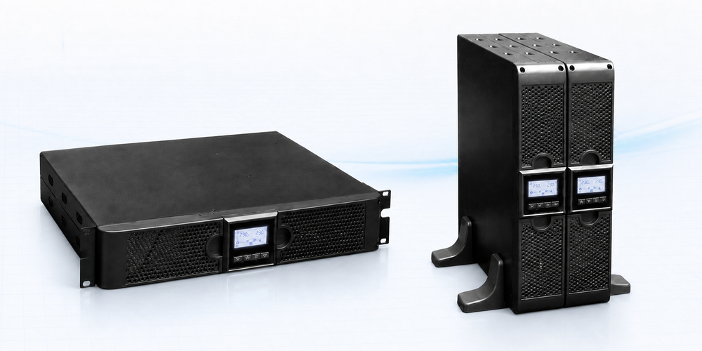 AVR-RT pro USV-Anlage von PSG Elektronik, links im 19-Zoll-Rack liegend, rechts als Tower stehend