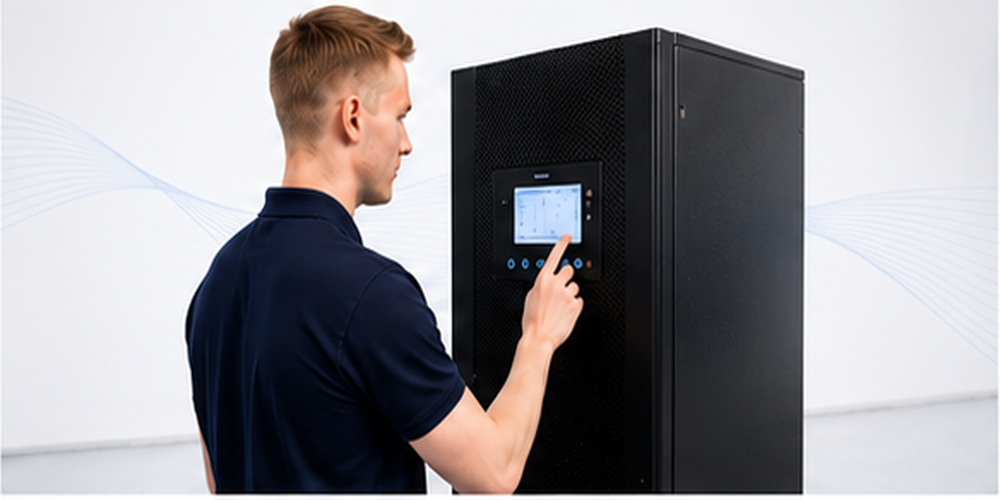 Inbetriebnahmen: Servicetechniker bedient das Touchdisplay einer schwarzen USV-Anlage im Tower-/Standschrank-Format
