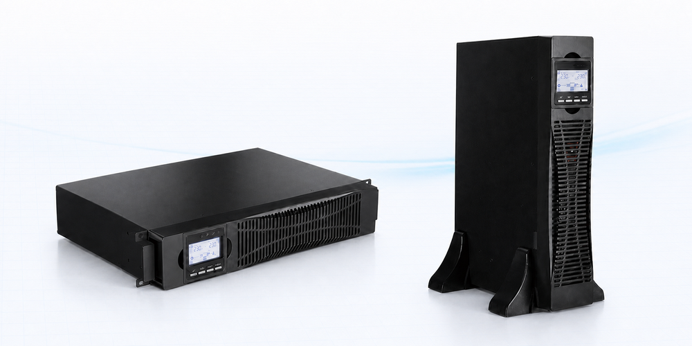 Fortis Nova RT Online-USV-Anlage von PSG Elektronik, links im 19-Zoll-Rack liegend, rechts als Tower stehend