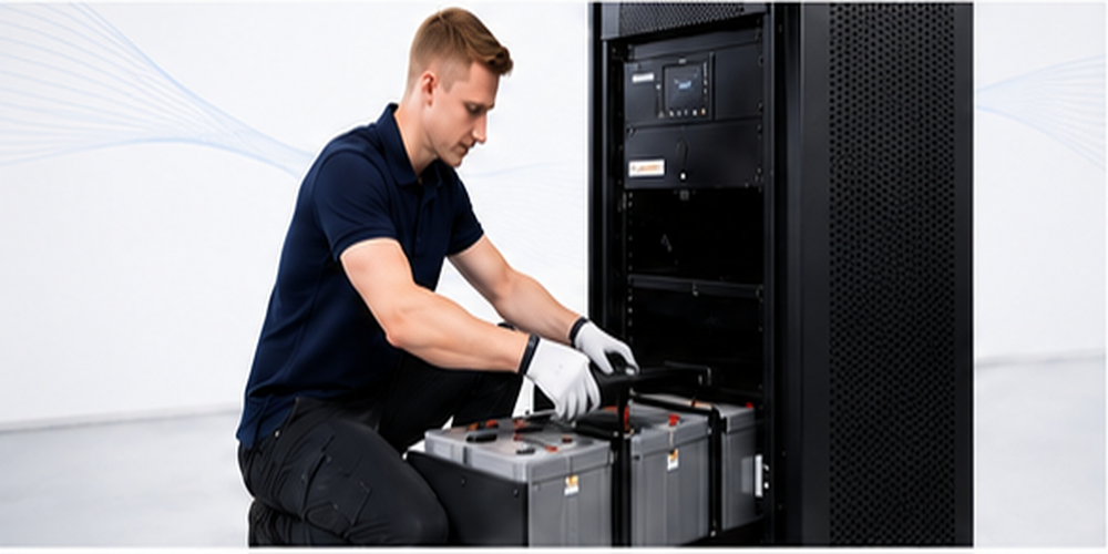 Batterietausch an einer USV-Anlage: Techniker mit Schutzhandschuhen wechselt Batterieblöcke an einem schwarzen USV-Standschrank.