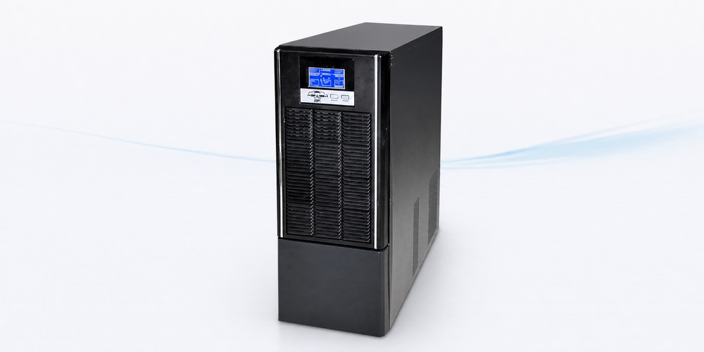 PSG4031 Online-USV-Anlage von PSG Elektronik, einzelnes schwarzes Tower-Gerät mit blauem LC-Display