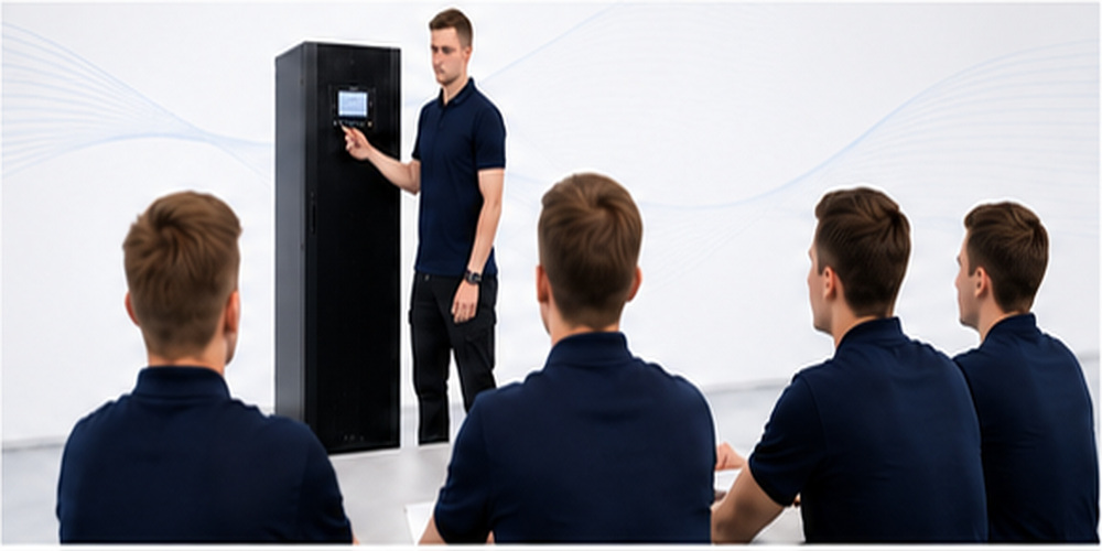 Schulung für USV-Anlagen: Trainer erklärt vier Teilnehmern eine schwarze USV-Standschrank-Anlage mit Display.
