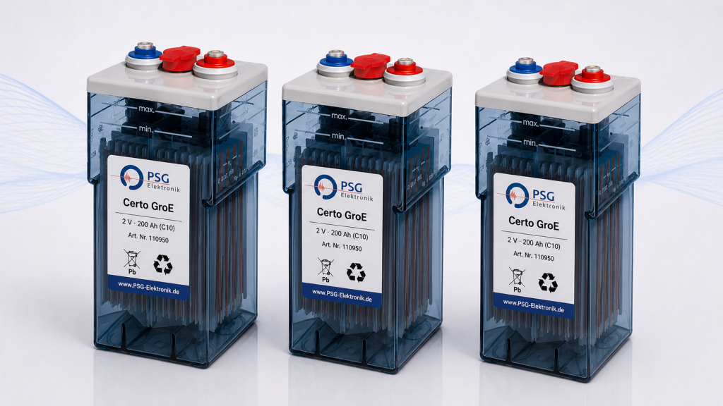 GroE-Batterien von PSG Elektronik – drei geschlossene stationäre Bleibatterie-Einzelzellen Certo GroE 200 Ah.