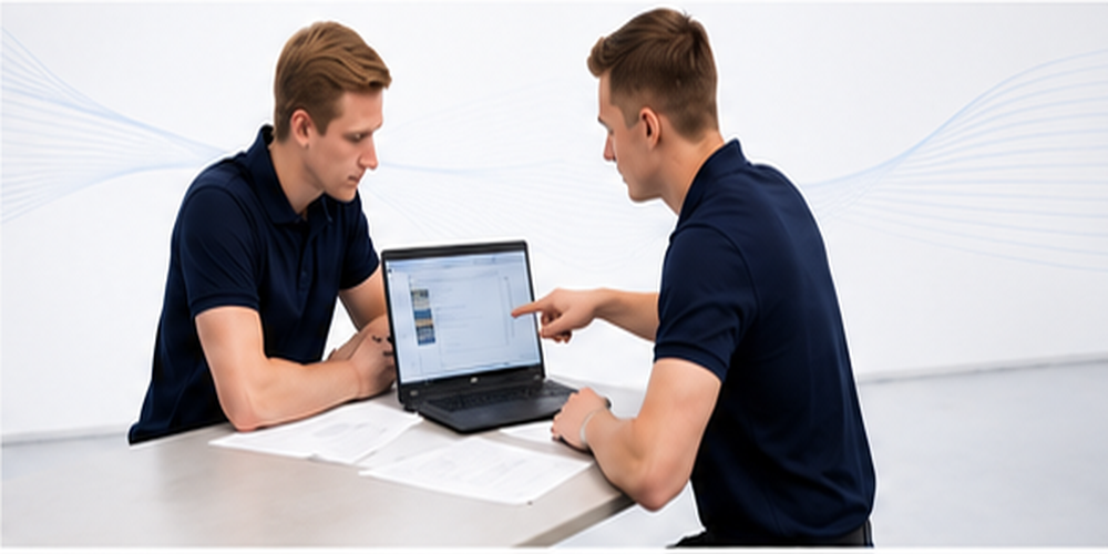 USV-Planung und Beratung: zwei PSG-Elektronik-Berater am Laptop besprechen mit Unterlagen ein USV-Konzept