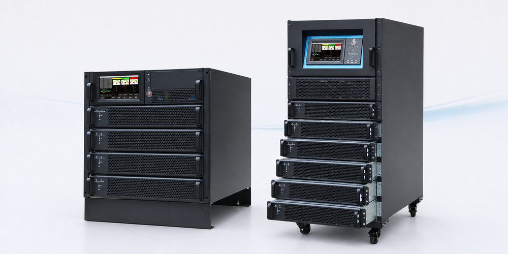 PCM 90 modulare USV-Anlage: zwei schwarze Tower-Systeme mit Farbdisplay und gestapelten Leistungsmodulen