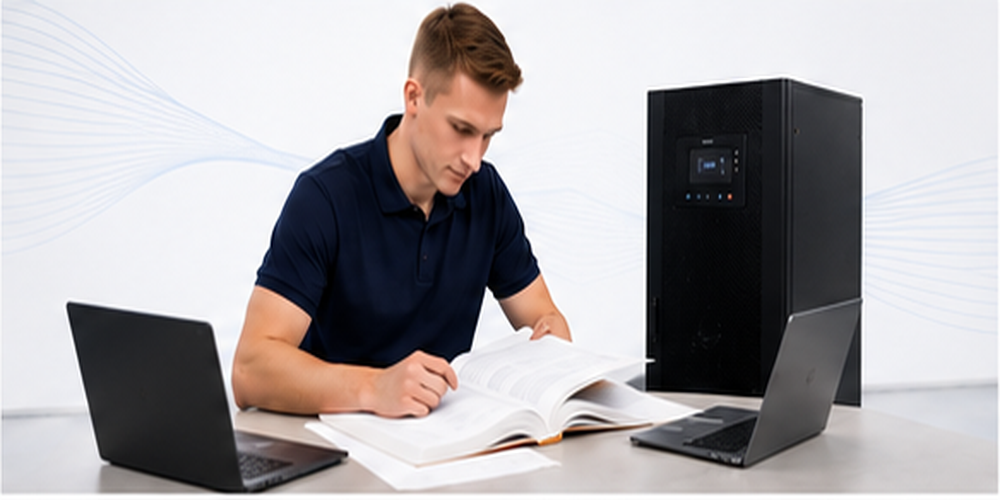 Lexikon: Techniker liest in einem Nachschlagewerk am Schreibtisch, daneben eine Tower-USV mit Display und zwei Laptops.