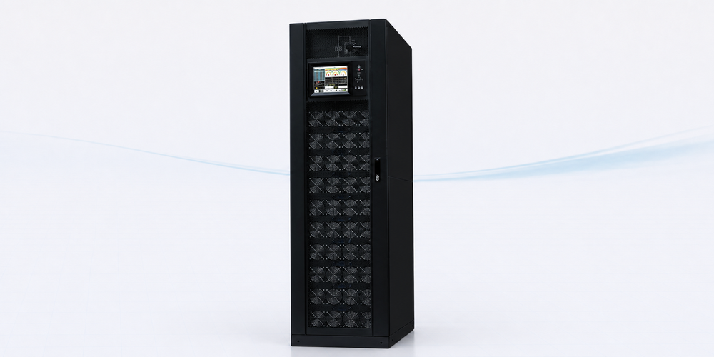 PCM 600 modulare USV-Anlage als schwarzer Standschrank mit Farb-Touchdisplay und mehreren Leistungsmodulen im Frontbereich