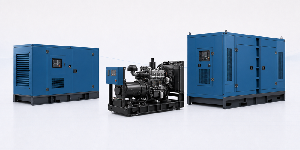 Netzersatzanlagen von PSG Elektronik: drei blaue Diesel-Notstromaggregate, zwei schallgedämmte Kompaktanlagen und ein offenes Aggregat