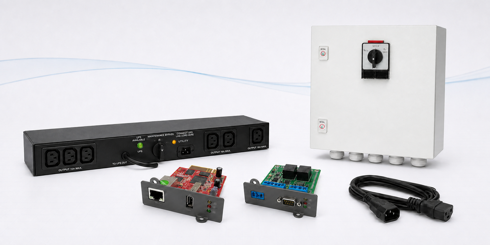 USV Zubehör: 19"-Handumgehung mit IEC-Steckdosen, SNMP-Adapterkarten, Bypass-Schrank und Kaltgeräte-Adapterkabel