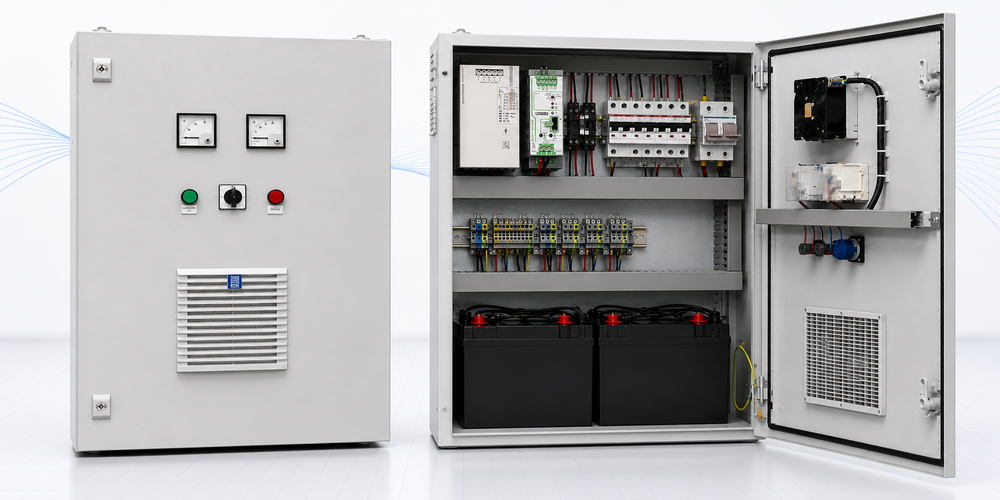 DC-USV-Anlagen 24 V und 48 V: zwei graue Stahlblechschränke, links mit Messinstrumenten und Lüfter, rechter Schrank geöffnet mit Sicherungen und Batterien