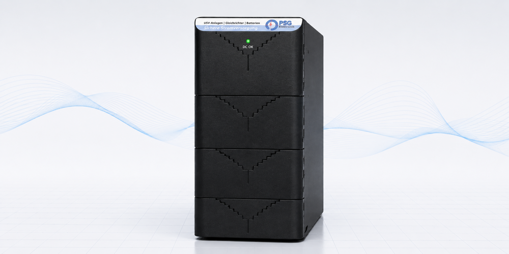 DC-USV-Anlagen 24V: schwarzes Tower-Standgerät in modularer Stapelbauweise mit grüner DC-OK-Statusanzeige von PSG Elektronik