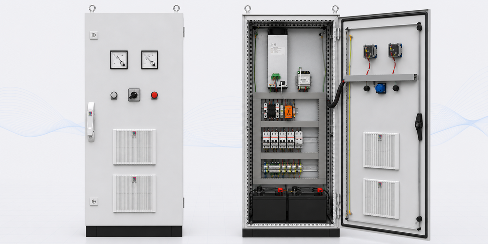 DC-USV-Anlagen 60 V, 108 V und 216 V: zwei graue Standschränke, links mit Messinstrumenten, rechts geöffnet mit Modulen, Sicherungen und Batterien