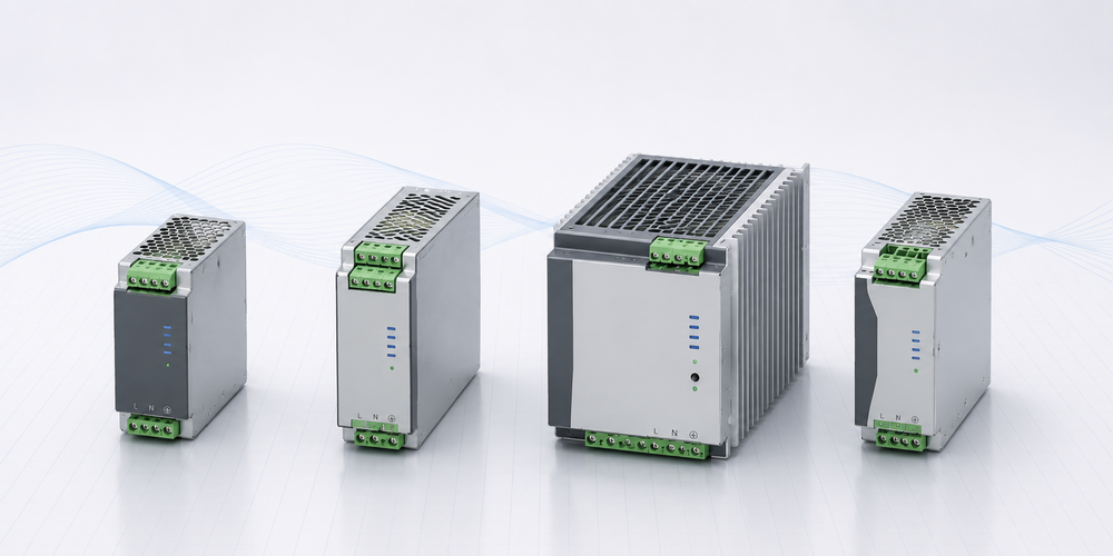 Primärgetaktete Gleichrichter bis 1000W: vier konvektionsgekühlte DIN-Hutschienen-Module in Aluminiumgehäuse mit LED-Statusanzeige.