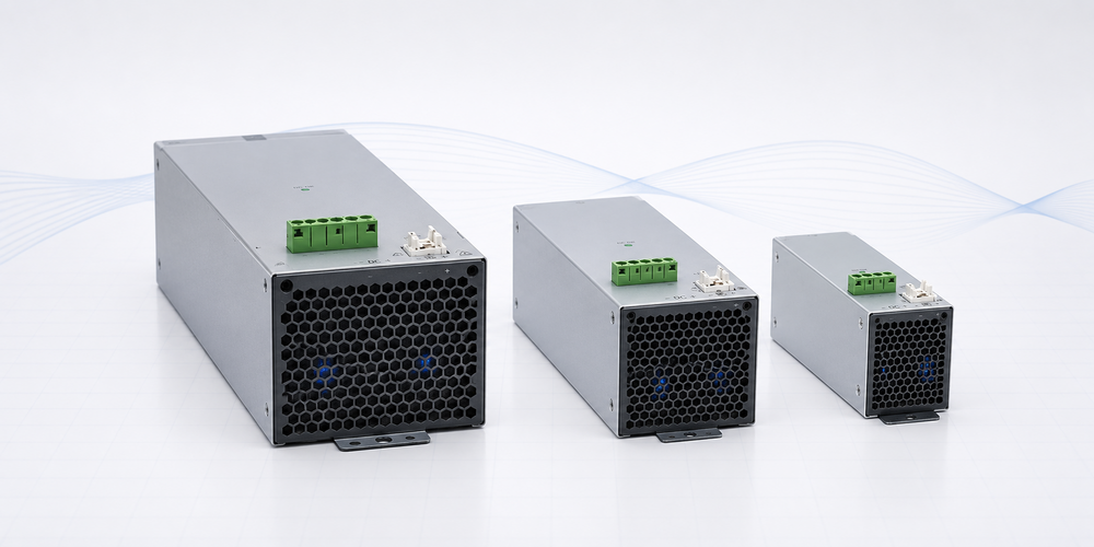 Primärgetaktete Netzgeräte bis 2,5 kW: drei kompakte SNG-2500-Module in Aluminiumgehäuse mit Lüftergitter und grünen Steckklemmen.