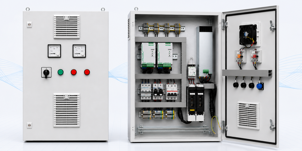Spezialgleichrichter von PSG Elektronik: zwei graue Stahlblechschränke, links mit Messinstrumenten und Lüftungsgittern, rechts geöffnet mit Modulen und Sicherungen