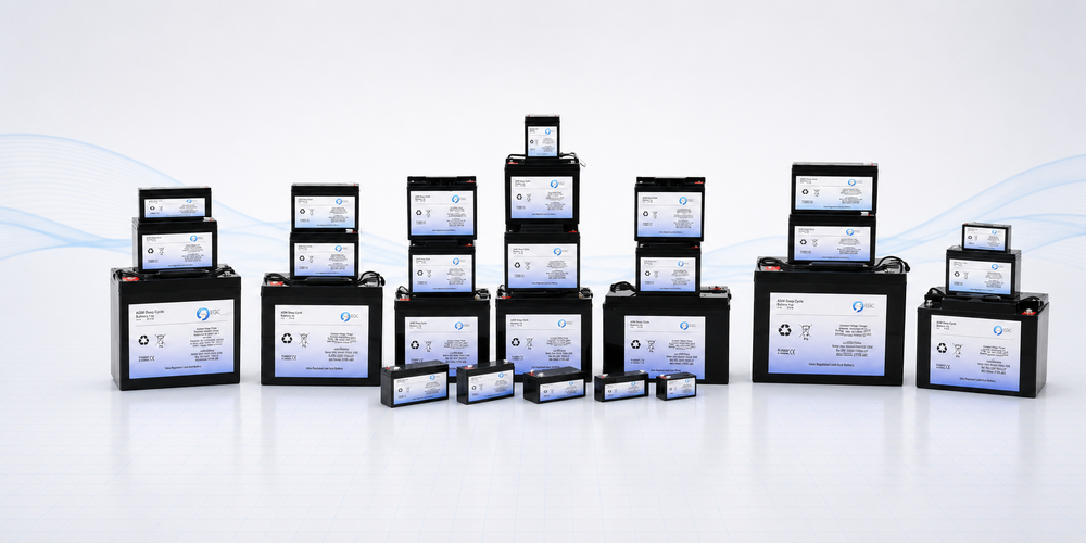 OGiV-AGM Batterien von PSG Elektronik – schwarze AGM-Bleibatterien verschiedener Baugrößen vor hellem Hintergrund.