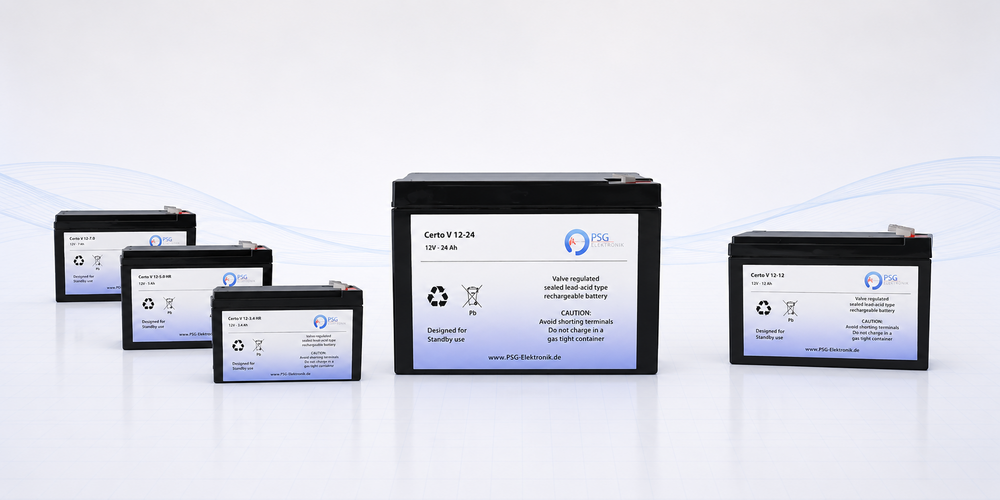 OGiV-GEL Batterien von PSG Elektronik – fünf schwarze Gel-Bleibatterien der Certo V-Reihe in verschiedenen Baugrößen.