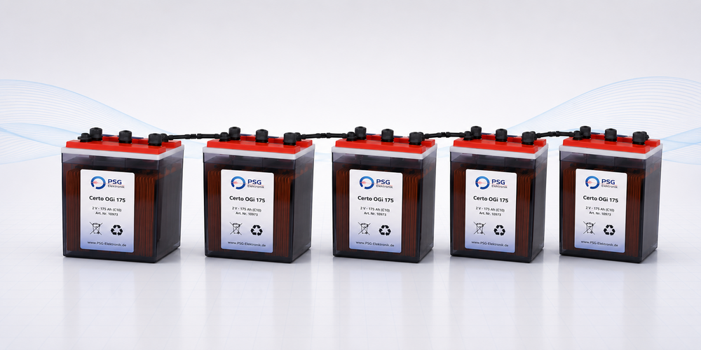 OGi-Batterien von PSG Elektronik – fünf geschlossene Bleibatterie-Einzelzellen Certo OGi 175, in Reihe verschaltet.