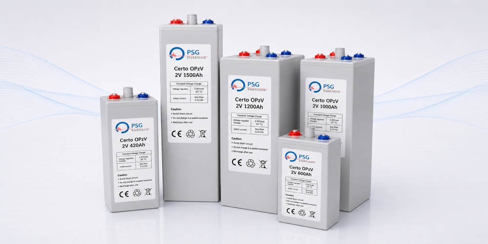 OPzV-Batterien von PSG Elektronik – fünf verschlossene 2-V-Röhrchenplatten-Einzelzellen Certo OPzV in mehreren Größen.
