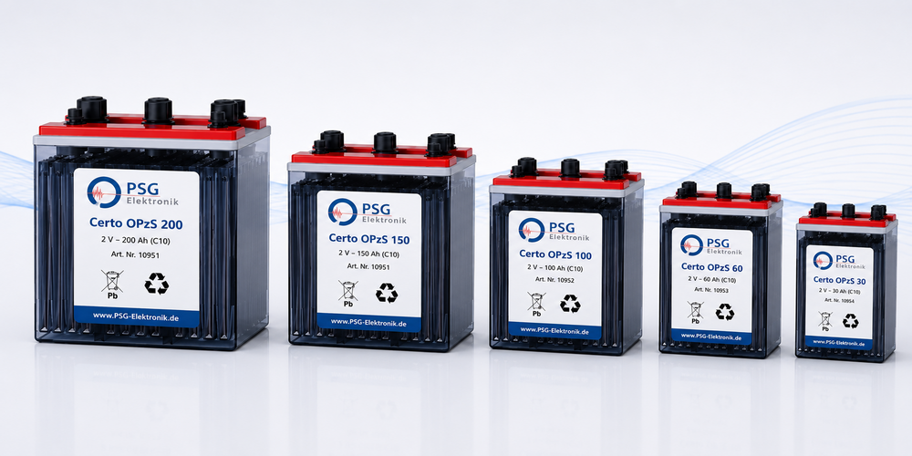 OPzS-Batterien von PSG Elektronik – fünf geschlossene 2-V-Röhrchenplatten-Einzelzellen Certo OPzS in mehreren Größen.