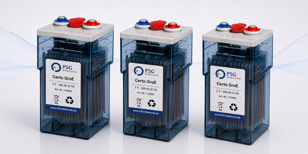 GroE-Batterien: drei geschlossene stationäre Bleibatterie-Blöcke von PSG mit transparentem Gehäuse und Füllstandsanzeige