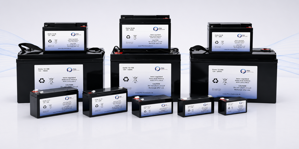 Ersatzbatterien für APC USV: schwarze VRLA-Blei-Batterien der PSG-Certo-Serie in verschiedenen Baugrößen von 12V