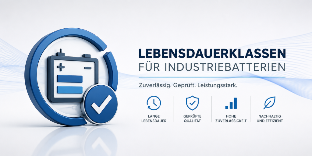 EUROBAT-Grafik: stilisierte Industriebatterie mit Häkchen und Titel „Lebensdauerklassen für Industriebatterien“