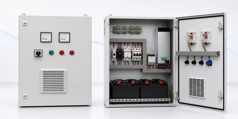 DC-USV-Anlage für MS-Schaltanlagen: zwei graue Stahlblechschränke, links geschlossen, rechts offen mit Batterien