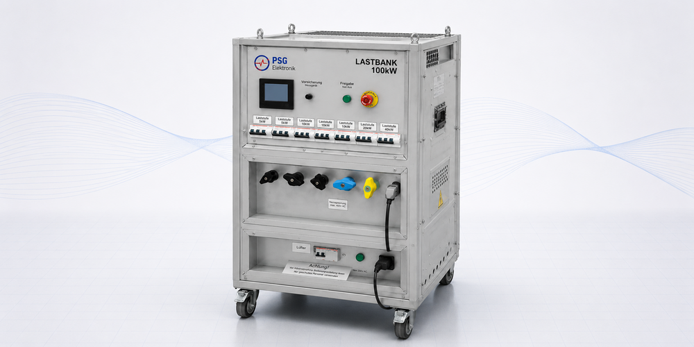 Leihlastbänke: fahrbare Prüflastbank LASTBANK 100 kW von PSG Elektronik auf Rollen mit Display und Laststufen-Schaltern